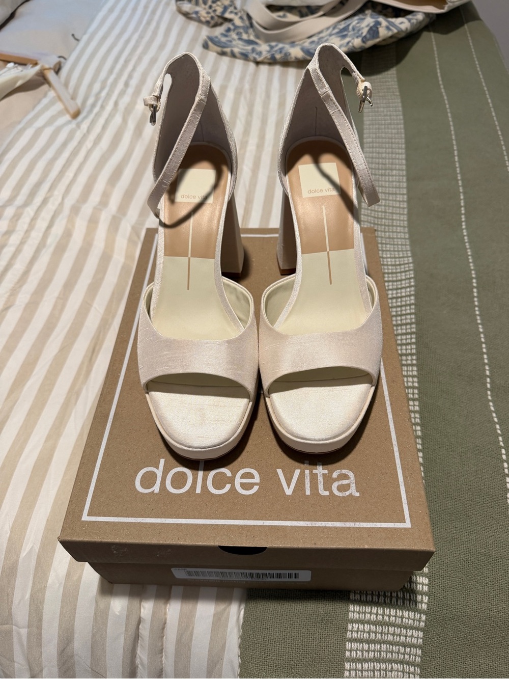 Dolce Vita Pandro - White Satin - Cream Open-Toe Ankle-Strap Block Heels